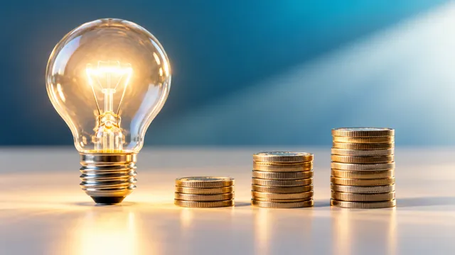 Una lampadina accesa accanto a pile di monete