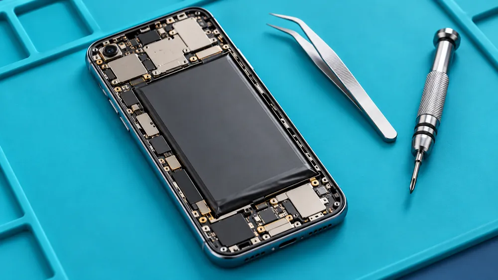 Uno smartphone aperto con pinzette e cacciavite sul tappetino del laboratorio