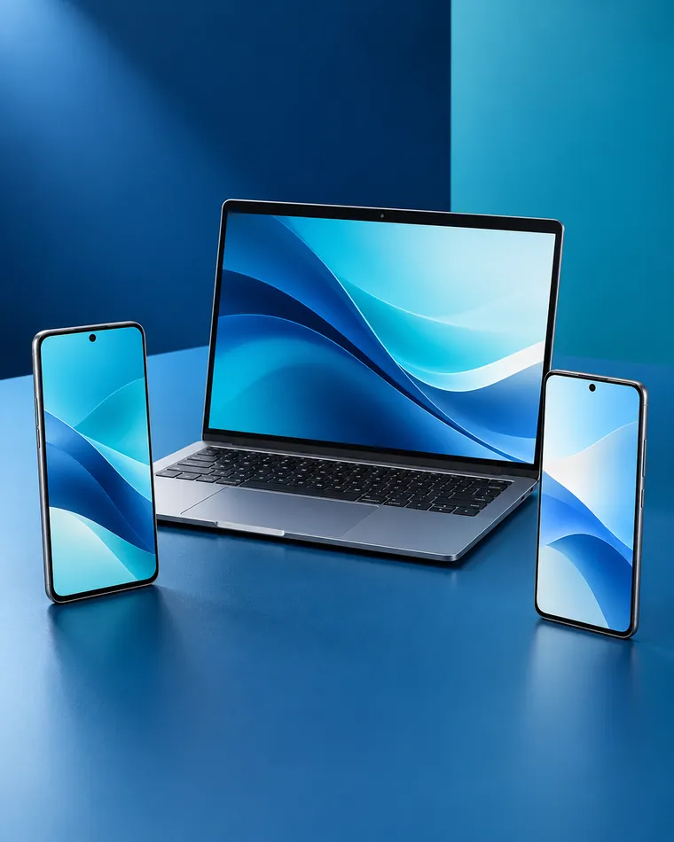 Un computer portatile e due smartphone su un piano blu